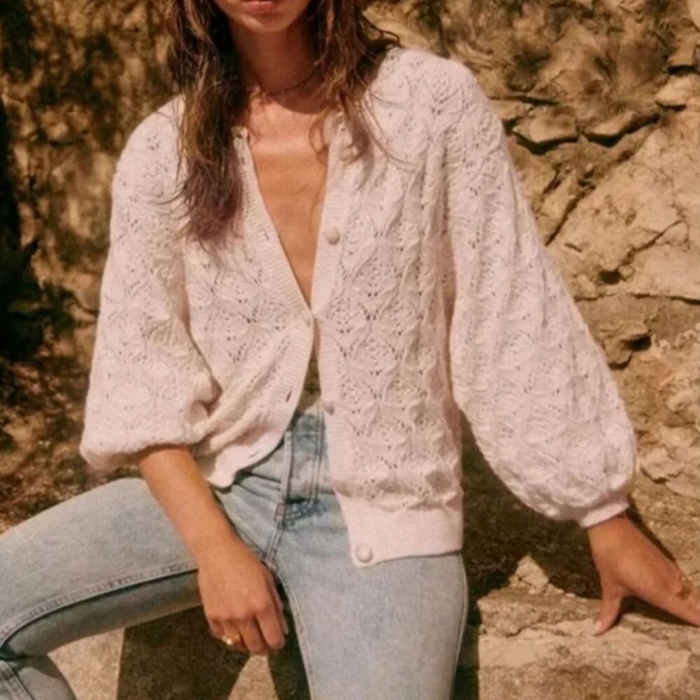 Sezane Pointelle Puff Sleeve Knitted Cardigan Sweater XS